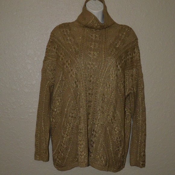 Sz L Ralph Lauren Brown Metallic Turtleneck Cableknit Sweater - Picture 1 of 6